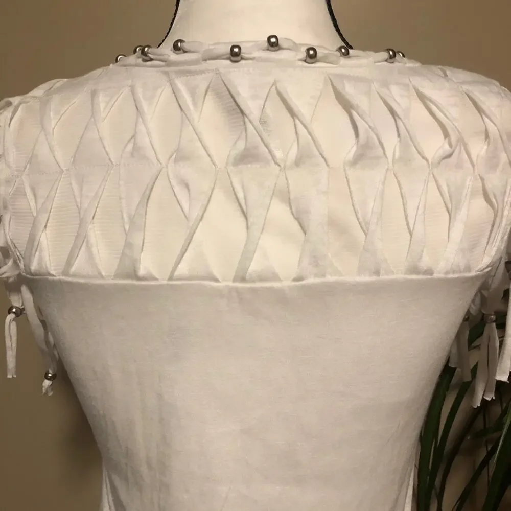 Fringe and Beads Blouse Top Tee Shirt T-Shirt Mür Mür White V-Neck Size S - Picture 7 of 12